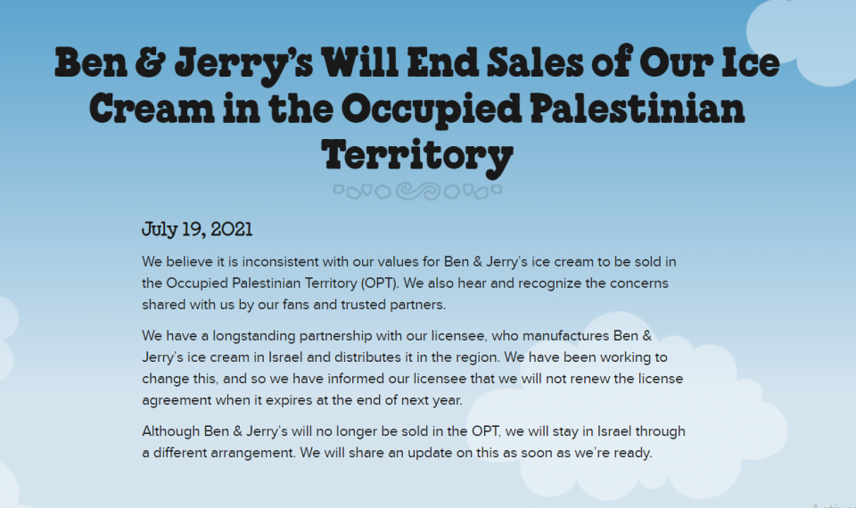 Ben & Jerry’s Will End Sales of Our Ice Cream in the Occupied Palestinian Territory