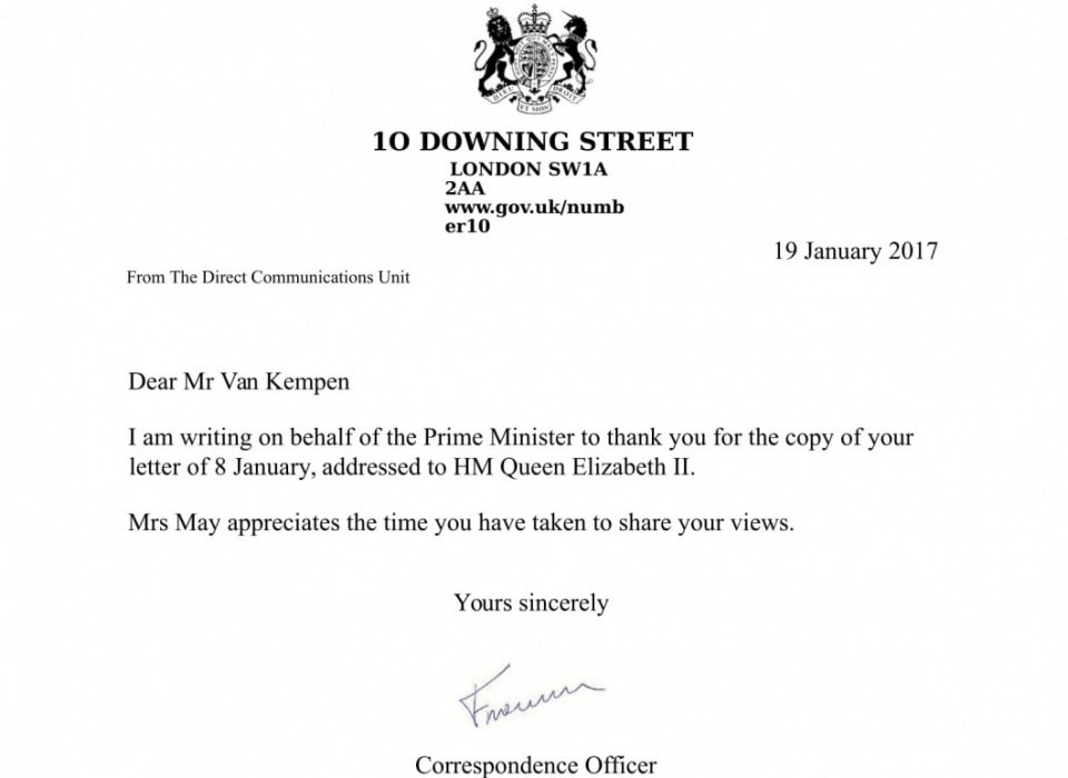 IN REPLY TO ABRAHAM VAN KEMPEN'S LETTER TO HER MAJESTY THE QUEEN ELIZABETH II