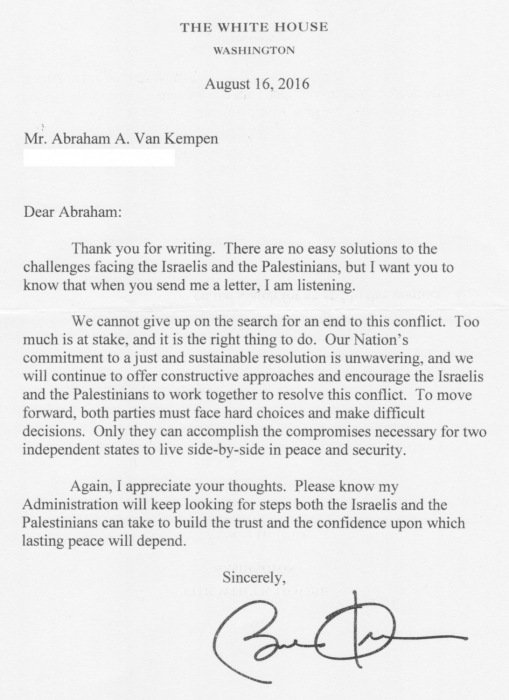 In reply to Abraham van Kempen's letter to President Barack Obama